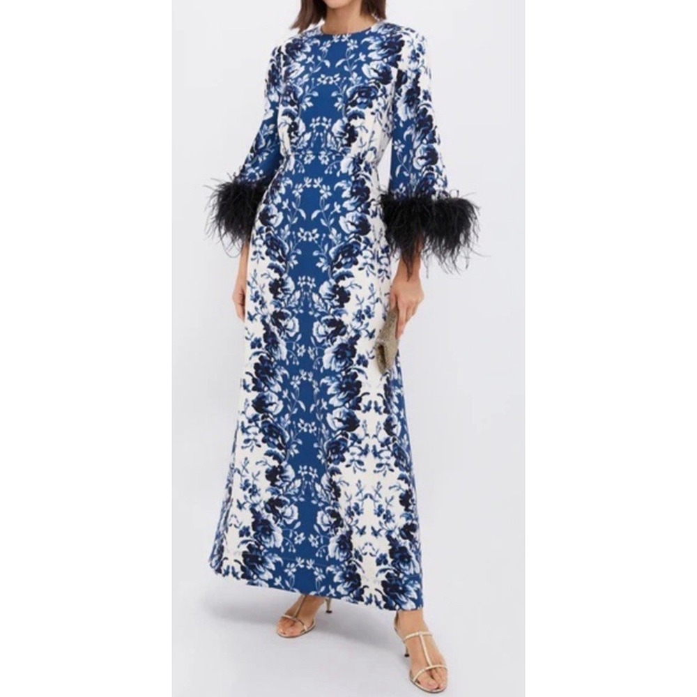 Tuckernuck Blue and White Floral Maxi Dress with Feather Cuffs